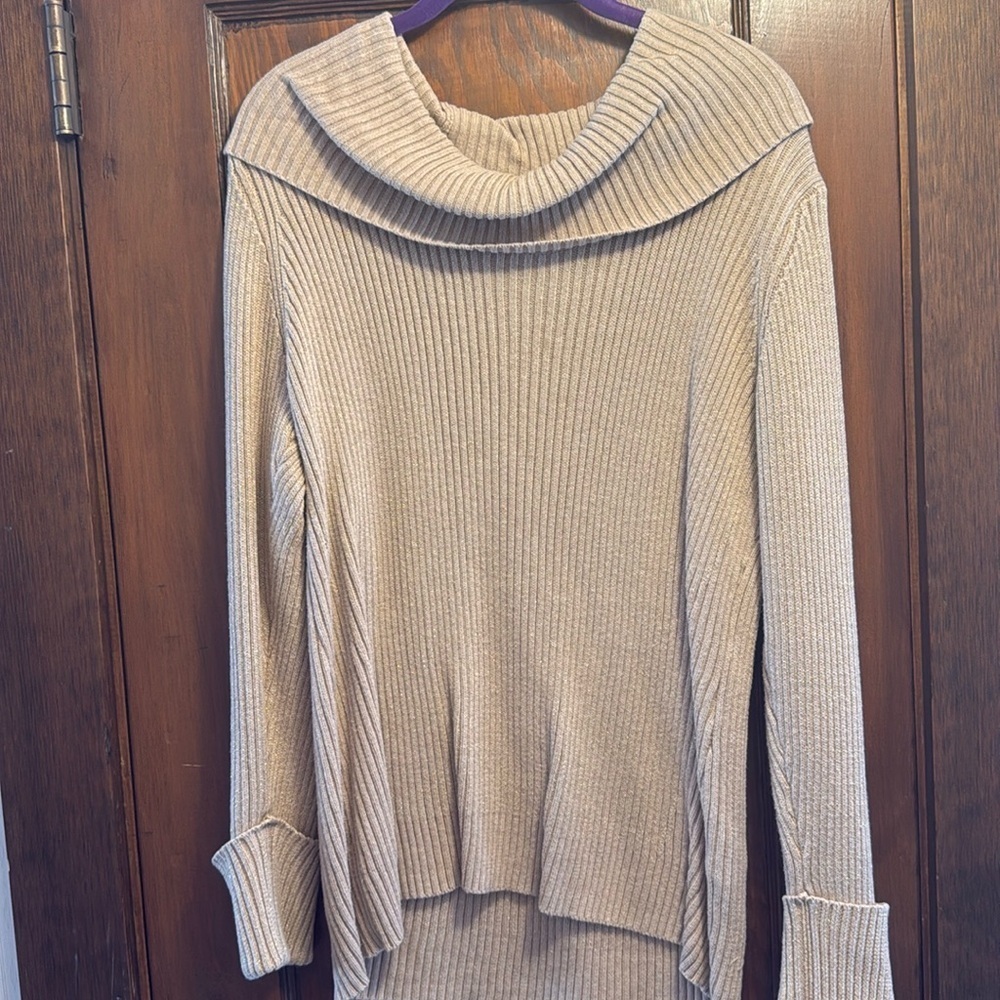Calvin Klein Tan With Gold Metallic Cowl Neck Sweater